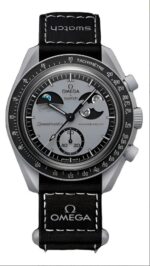 Pulseira de pulso Omega Swatch Moonswatch Mission Earthphase, moldura preta, fundo cinza escuro